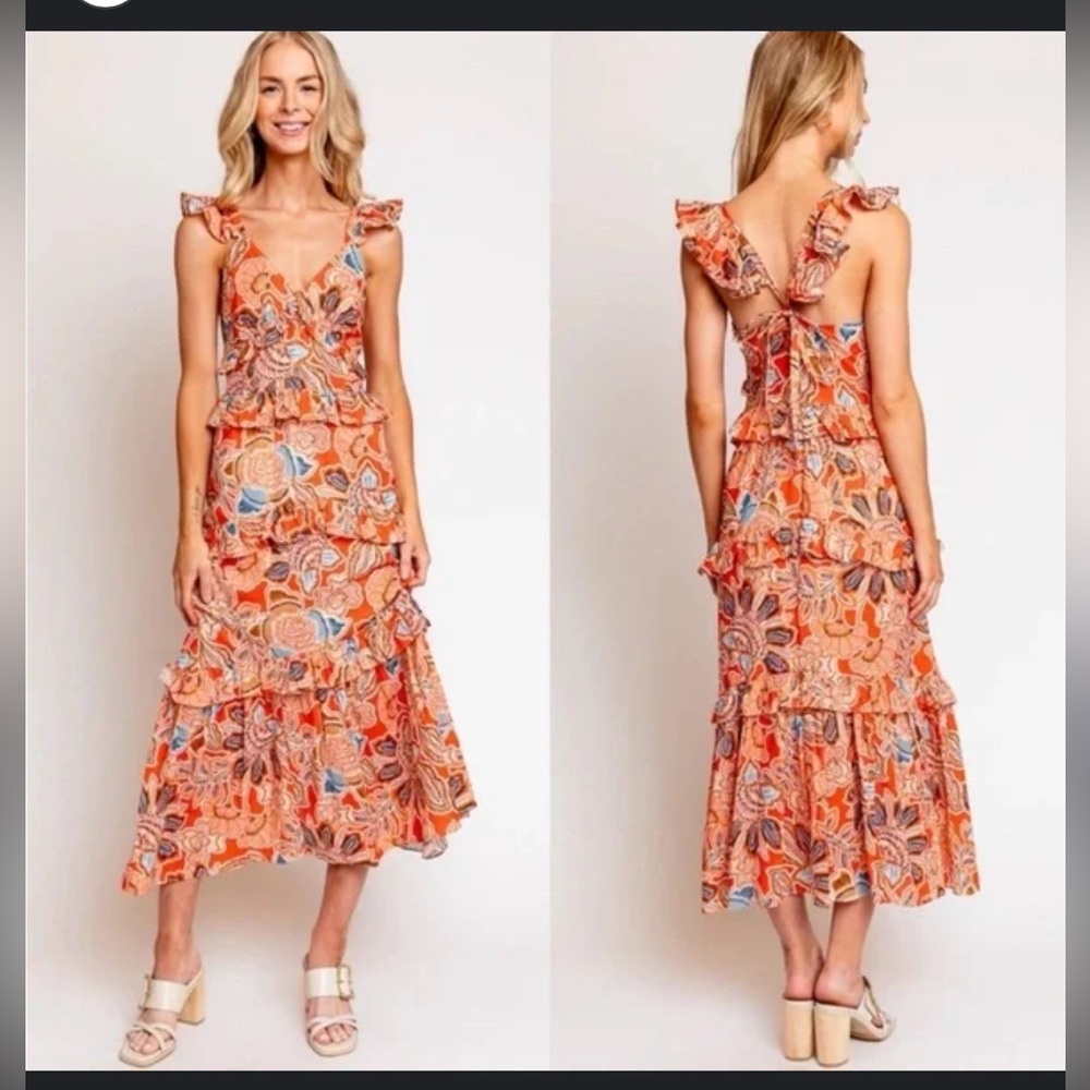 Misa Los Angeles Tangerine Floral Tiered Dress